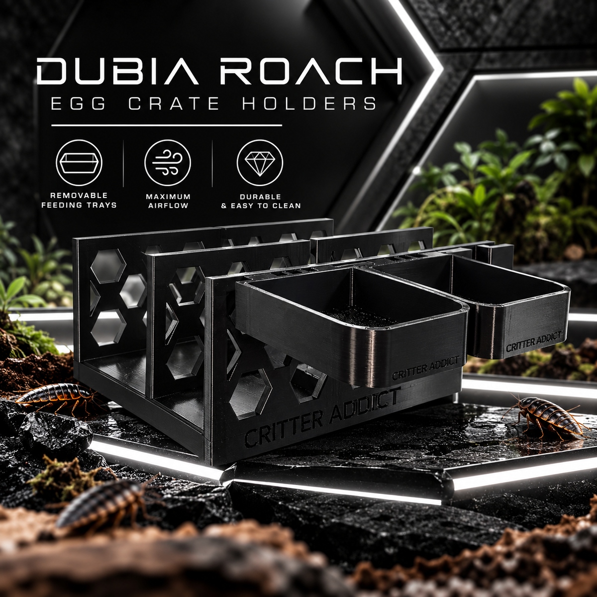 Dubia Roach Eggcrate Holder (+ 2 removable feeding trays)